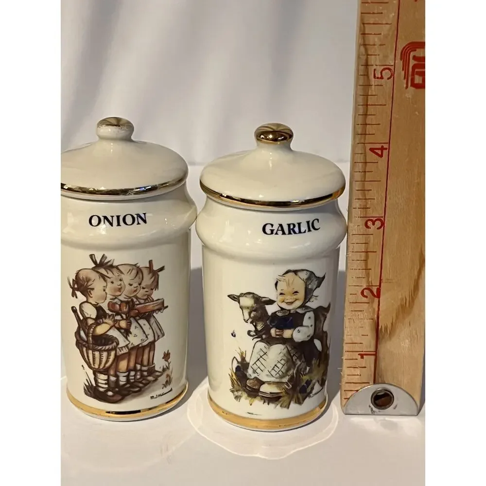 Vintage M.J. Hummel Onion & Garlic Porcelain Spice Jars Gold Trim Set of 2